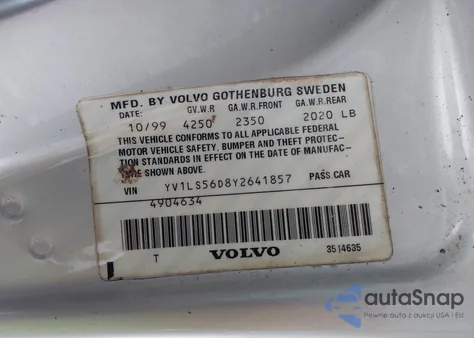 2000 Volvo S70 Glt/Glt Se z USA, uszkodzony, nr VIN YV1LS56D8Y2641857